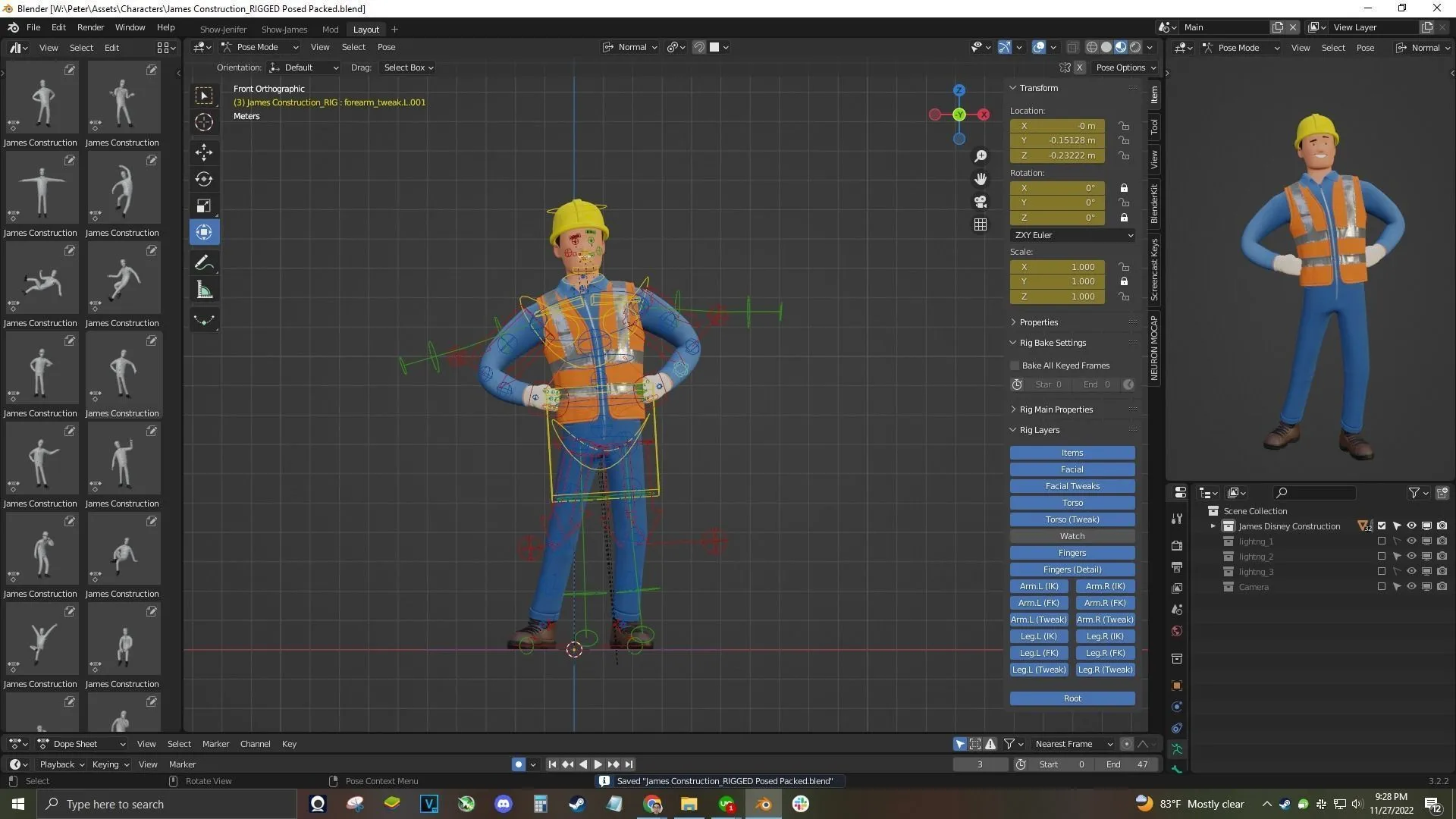 Cartoon Worker Builder Character 3D model in Blender workspace